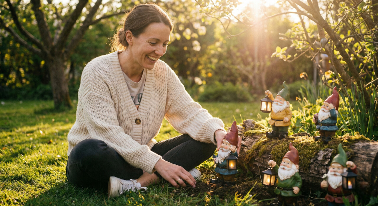A joyful woman in a golden hour garden surrounded by DevoutHappy fairy gnomes with softly glowing solar lanterns.