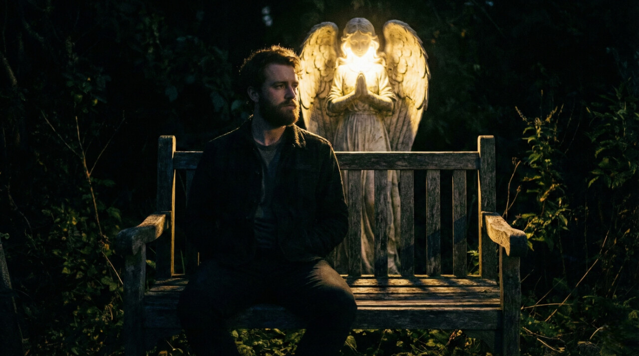 Contrast photo of a man on a bench with a large DevoutHappy solar angel statue glowing behind him like a night guardian.