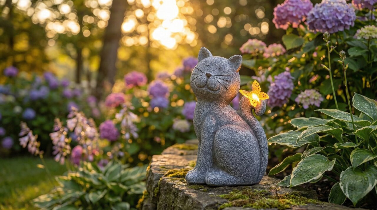 DevoutHappy selection charming cat outdoor statue interacting with a butterfly for whimsical yard art.