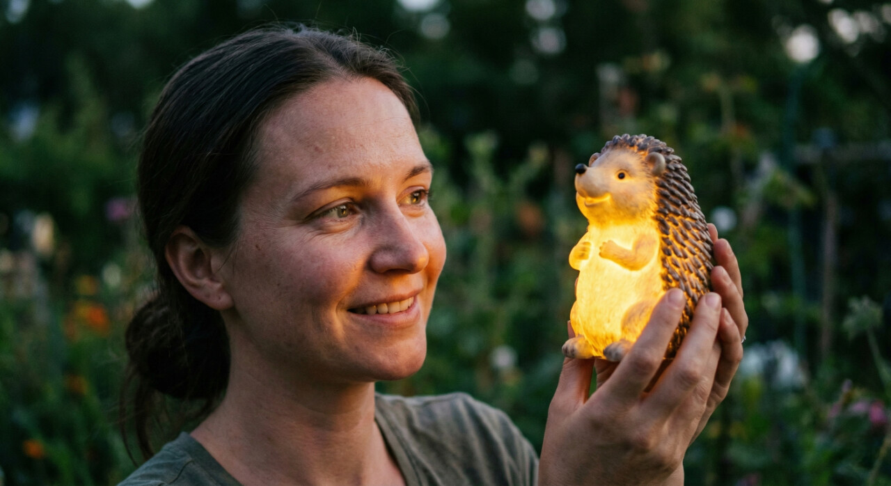 Emotional portrait of a woman unboxing a DevoutHappy glowing hedgehog figurine, highlighting the magic of curated garden decor.