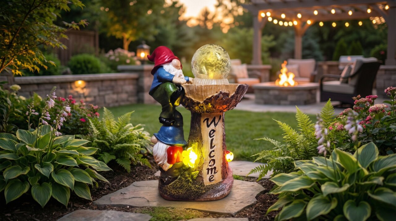 DevoutHappy funny double garden gnomes sculpture featuring solar LED lights for playful lawn decor.
