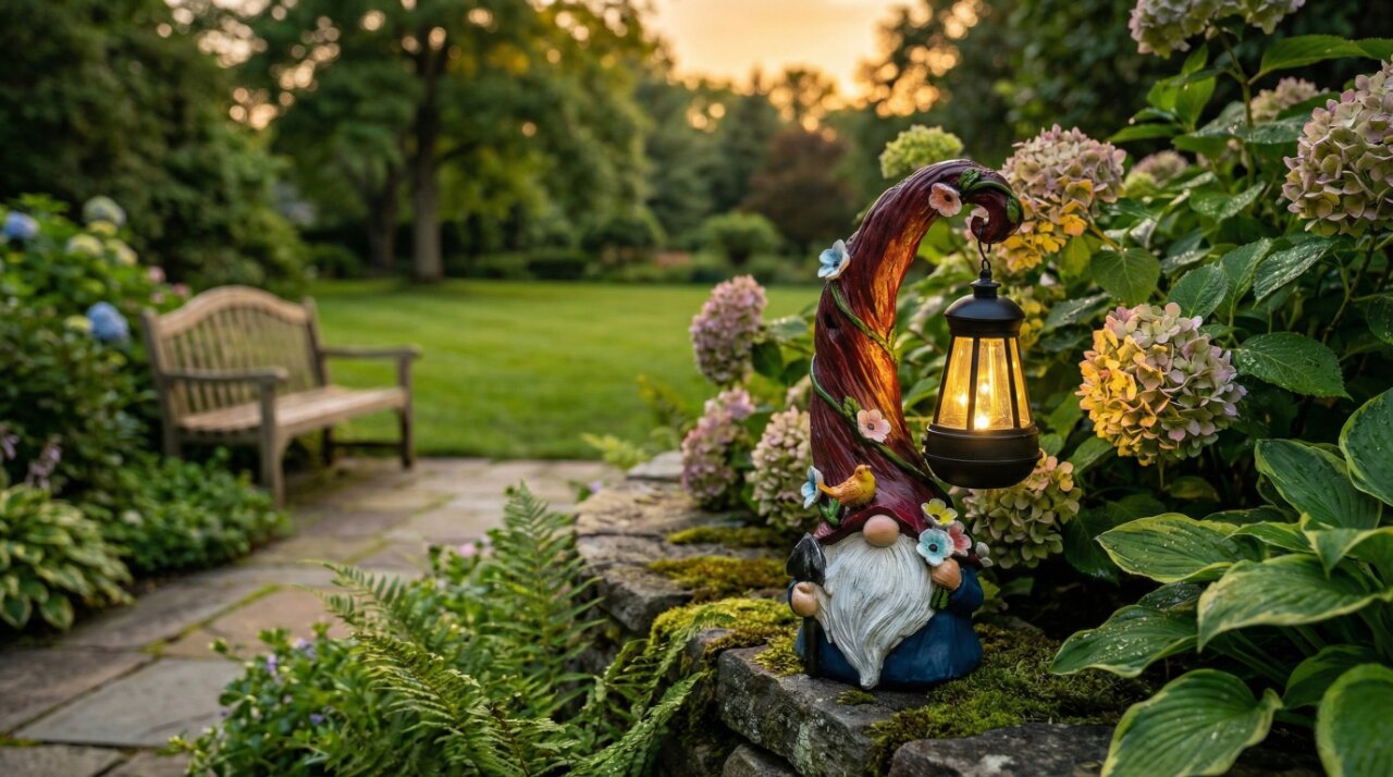 DevoutHappy selected classic solar garden gnome statue holding a lantern light for outdoor yard decoration.