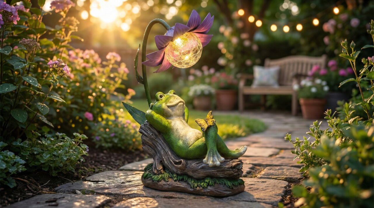 DevoutHappy curated solar frog statue with LED glowing umbrella for garden pathways and patio decor.