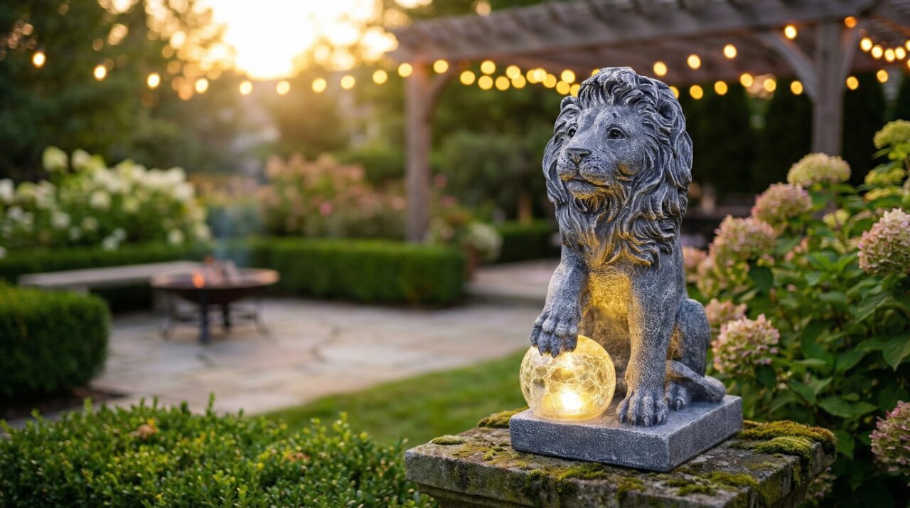 DevoutHappy majestic guardian lion garden statue with a solar glowing ball light for porch and patio accents.