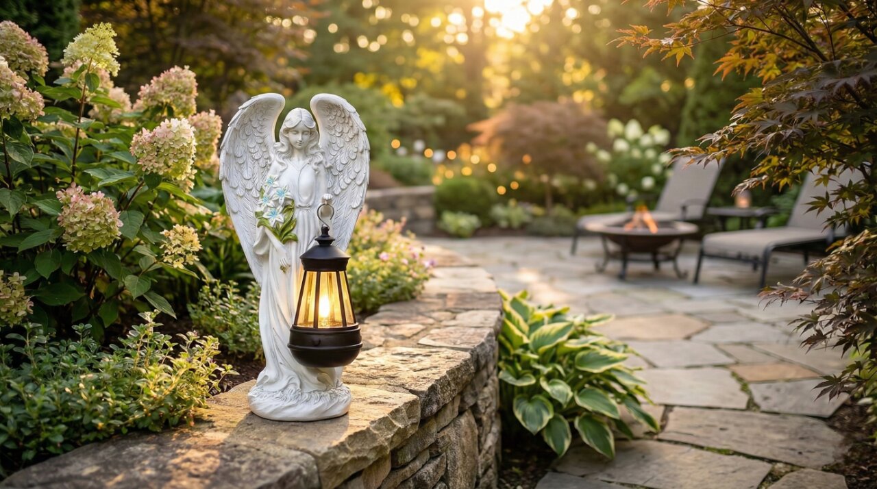 DevoutHappy curated 13.2 inch solar angel outdoor sculpture for serene garden art and balcony decor.