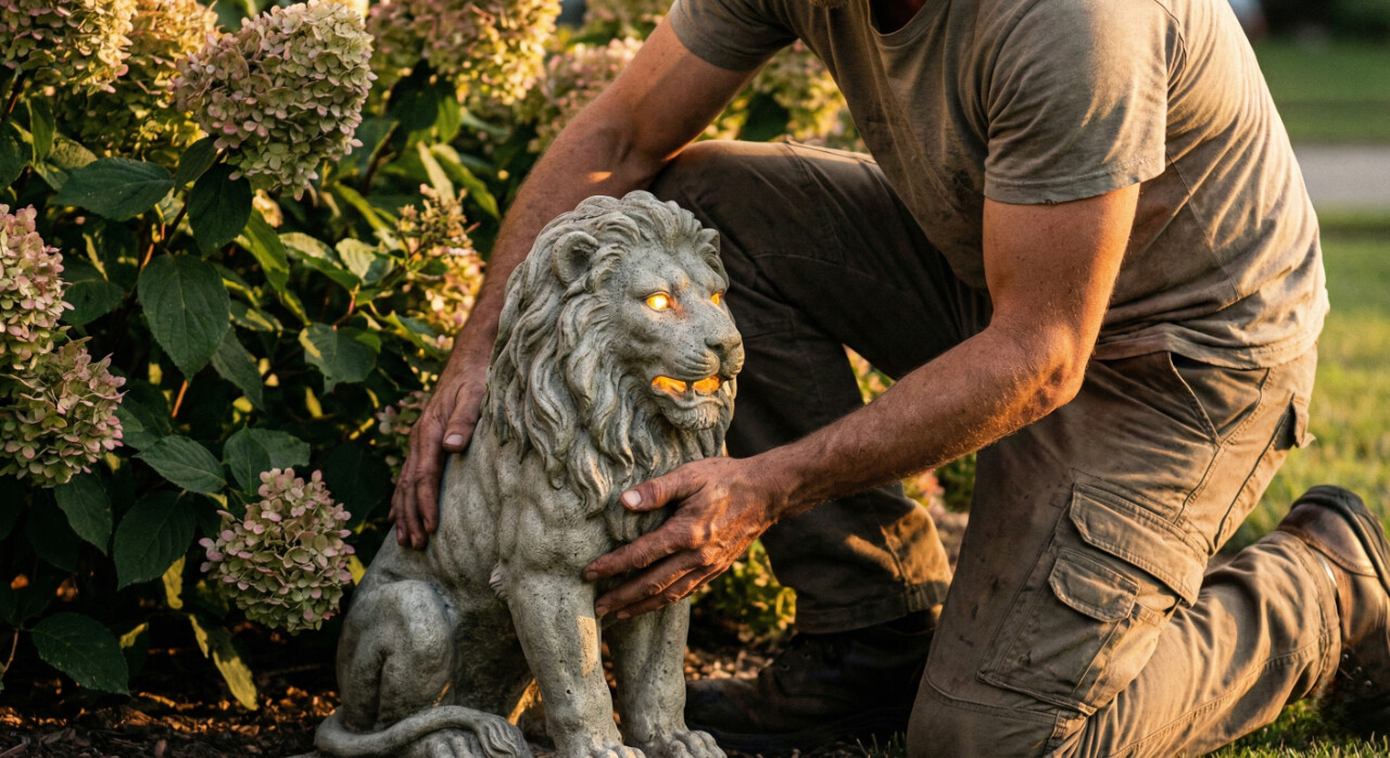 Detailed shot of a man placing a DevoutHappy stone-finish lion guardian statue among blooming hydrangeas in soft evening light.