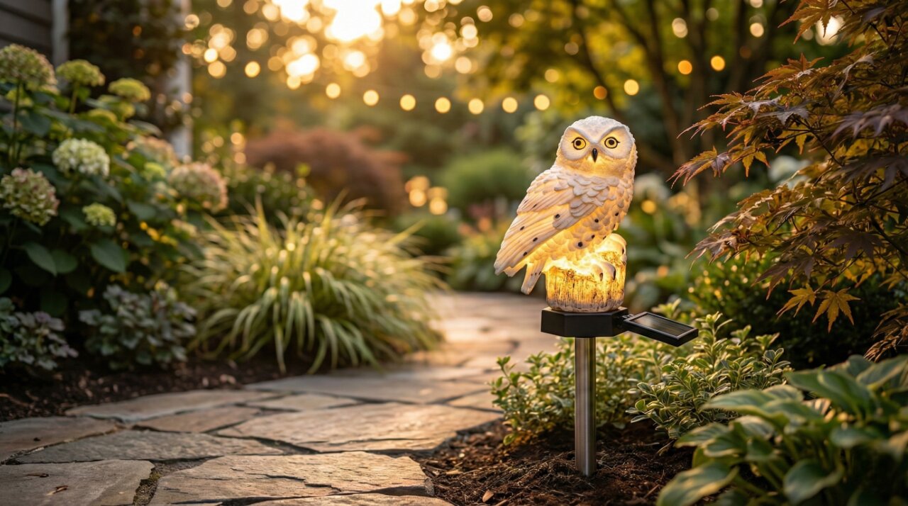 DevoutHappy solar powered garden owl stake light designed for landscaping and outdoor pathway lighting.