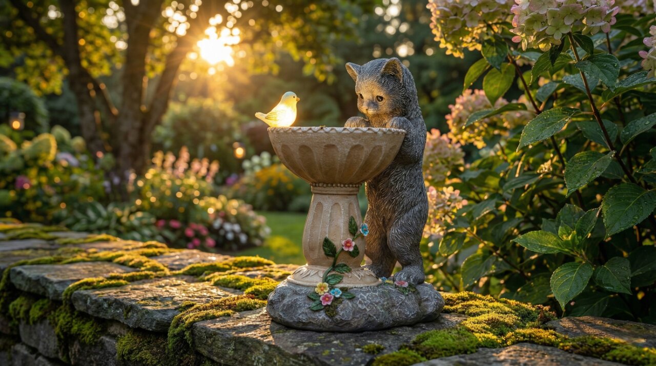 DevoutHappy solar cat garden ornament statue designed for brightening outdoor patios and balconies at night.