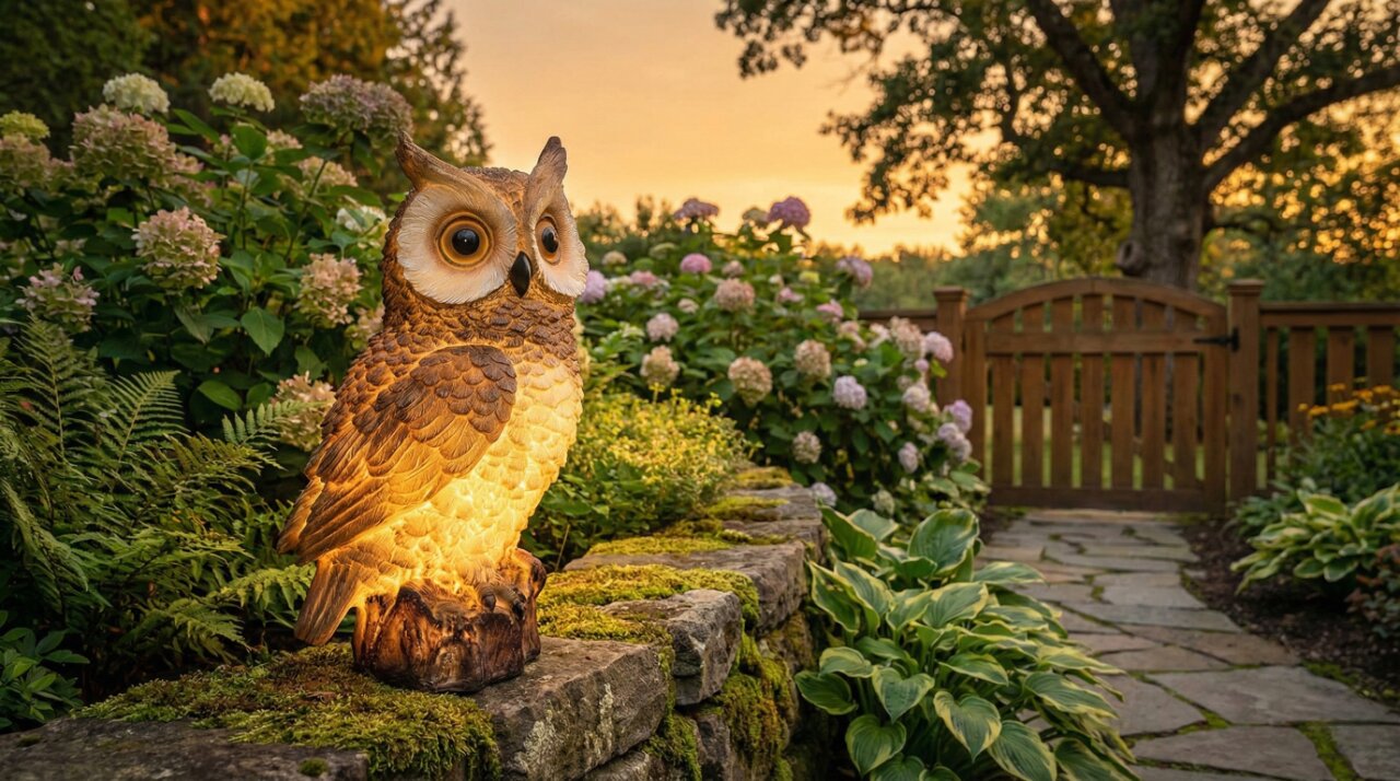 DevoutHappy brown resin solar owl figurine with subtle LED lights for porch and lawn ornamentation.