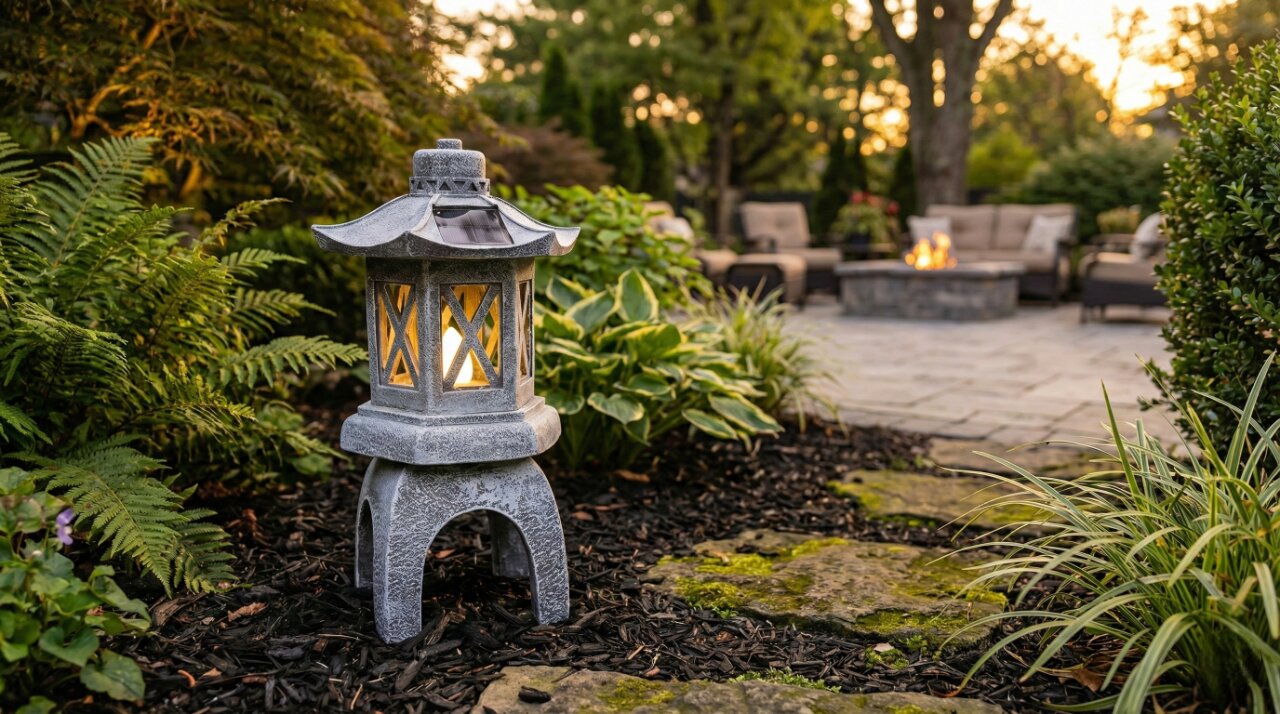 DevoutHappy Japanese Zen garden pagoda lantern with solar-powered flickering LED light for tranquil outdoor spaces.